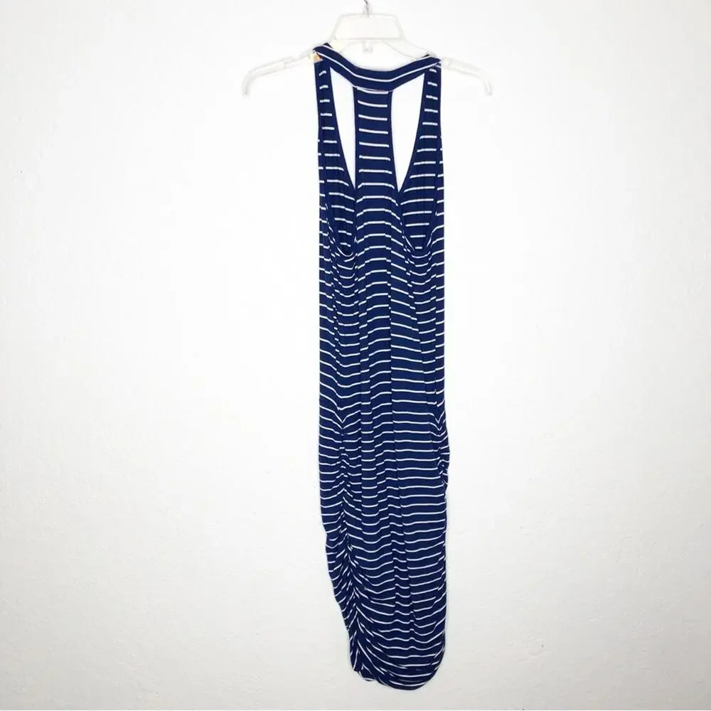 Athleta blue white striped ruched skirt racerback tank midi dress size Medium